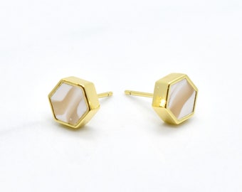 Crystal Quartz Hexagon Stud Earrings Minimal, Quartz Earrings Stud Set for April Birthstone Gifts