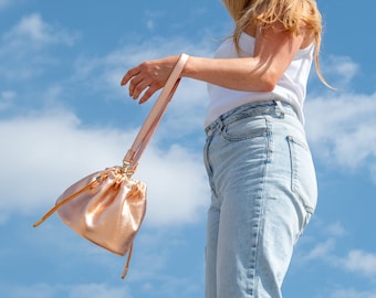 Cute Leather Shoulder Bag, Slouchy Bucket Bag Rose Gold Metallic Leather