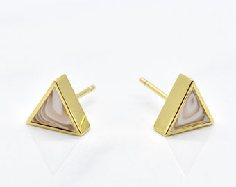 White Quartz Stud Earrings Set Gold Triangles, White Marble Triangle Earring Stud Minimal for April Birthday Gift