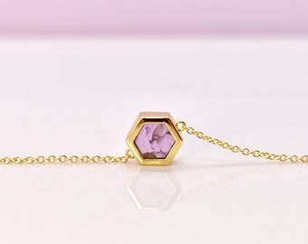 Simple Geometric Hexagon Necklace with Amethyst Marbled Clay, Delicate 14k Gold Necklace