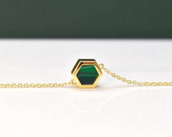 Gold Geometric Necklace with Emerald Gemstone Clay, Minimal Hexagon Necklace 14k