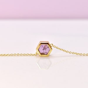 Simple Geometric Hexagon Necklace with Amethyst Marbled Clay, Delicate 14k Gold Necklace