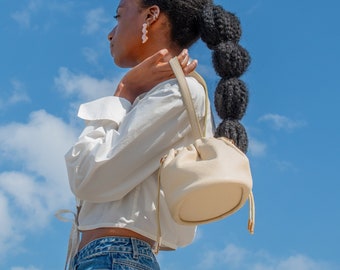 Cute Leather Handbag, Bone White Scrunch Top Wristlet Bag