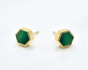 Emerald Stud Hexagon Earring Set, Minimal Gold Geometric Jade Clay Earrings