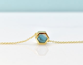 14k Gold Geometric Hexagon Necklace with Aquamarine Gemstone-like Clay, Dainty Gold Chain