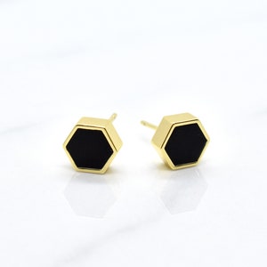 Black Hexagon Stud Earrings, Minimal Earring Stud Set Hexagon Shape, Black Minimal Geometric Studs Gold image 1