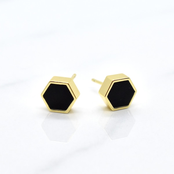 Black Hexagon Stud Earrings, Minimal Earring Stud Set Hexagon Shape, Black Minimal Geometric Studs Gold