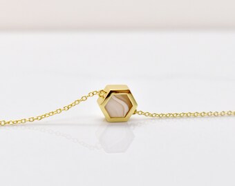 Simple Gold Hexagon Necklace with Crystal Marbled Clay, Geometric 14k Gold Jewelry