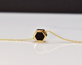 Short Geometric Necklace with Black and Gold Hexagon Charm, Minimal Necklace in 14k Gold