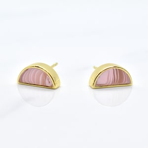 Rose Quartz Earrings, Gold Moon Studs, Geometric Marble Stud Earring Set for January Birthstone Gift