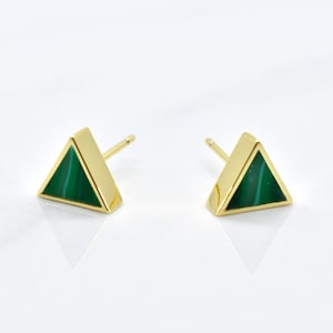 Emerald Stud Earrings Set Gold Triangles, Green Clay Triangle Earring Stud Minimal, May Birthstone Gift image 1