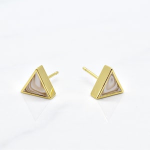 White Quartz Stud Earrings Set Gold Triangles, White Marble Triangle Earring Stud Minimal for April Birthday Gift image 1