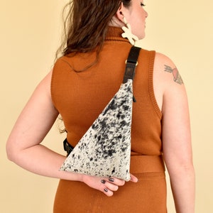 Leather Sling Crossbody Bag, Triangle Bag Clutch in Black and White Hair-on-Hide Leather image 1