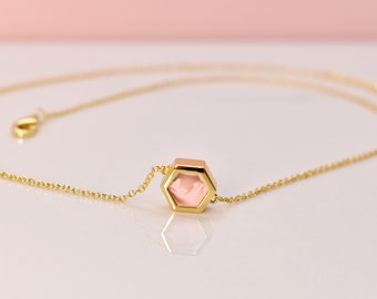 Dainty Minimal Hexagon Necklace with Rose Quartz Marbled Clay, Short Gold Necklace