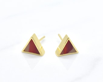 Ruby Stud Earrings Set Gold Triangles, Red Clay Triangle Earring Stud Minimal, July Birthstone Gift