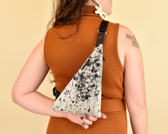 Leather Sling Crossbody Bag, Triangle Bag Clutch in Black and White Hair-on-Hide Leather