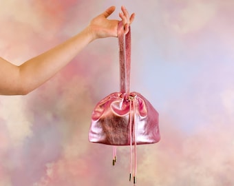 Leather Bucket Bag with Drawstring, Metallic Pink Slouchy Handbag