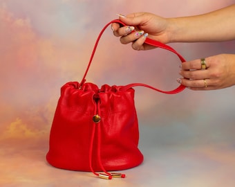 Leather Bucket Bag in Cherry Red, Versatile Pebbled Leather Hand Bag