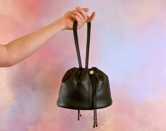 Black Leather Bucket Bag, Convertible Drawstring Pouch Mini Purse