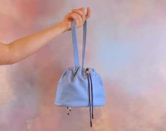 Unique Leather Handbag, Soft Leather Drawstring Bucket Bag in Periwinkle