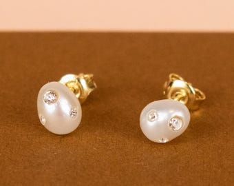 Baroque Pearl and Crystal Earrings, Freshwater Pearl Studs, Tiny Sterling Silver Earrings