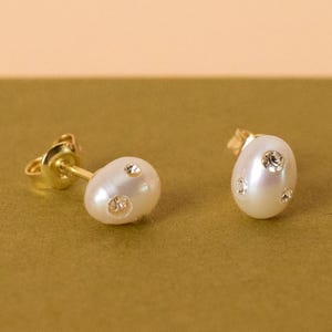 Baroque Pearl and Crystal Earrings, Freshwater Pearl Studs, Tiny Sterling Silver Earrings