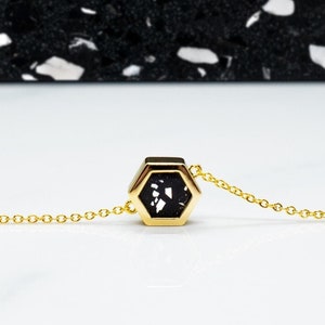 Gold Geometric Necklace with Hexagon Charm and Black Terrazzo Clay, Short Gold Chain
