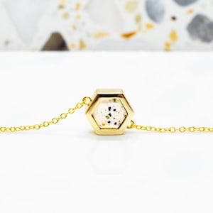 Dainty Hexagon Necklace with Dalmatian Terrazzo Pattern, Short Gold Terrazzo Necklace in Black and White Polka Dot