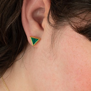 Emerald Stud Earrings Set Gold Triangles, Green Clay Triangle Earring Stud Minimal, May Birthstone Gift image 5