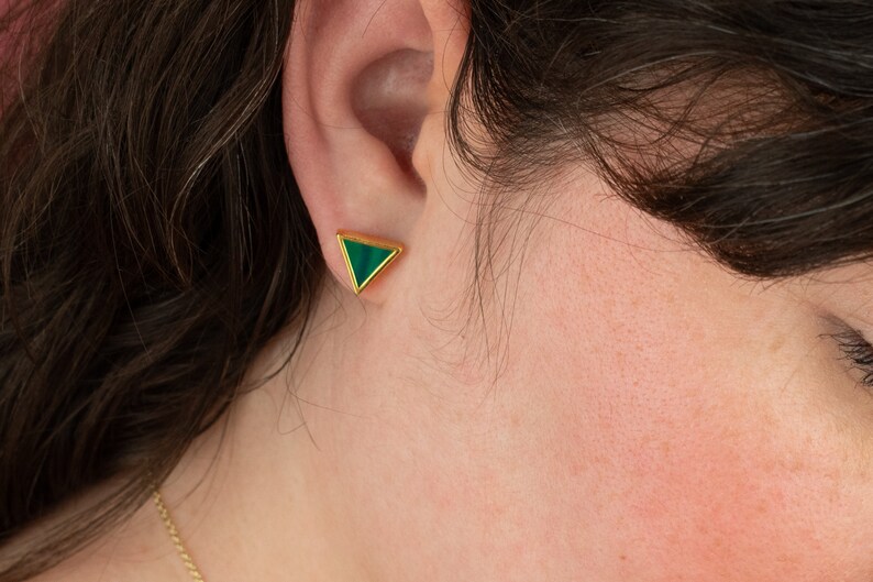 Emerald Stud Earrings Set Gold Triangles, Green Clay Triangle Earring Stud Minimal, May Birthstone Gift image 5