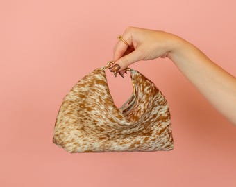 Western Pony Hair Bag, Cowhide Leather Shoulder Bag, Cute Crescent Handbag in Chestnut