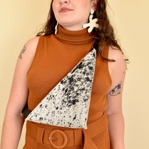 Leather Sling Crossbody Bag, Triangle Bag Clutch in Black and White Hair-on-Hide Leather image 4