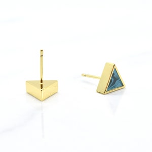 Aquamarine Earrings in Triangle Shape Marble Clay, Gold Triangle Aquamarine Stud Earring Set image 5