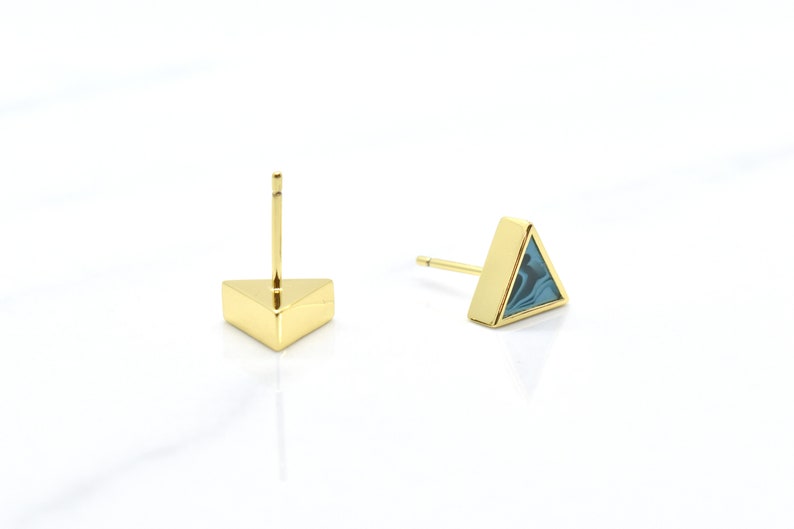 Aquamarine Earrings in Triangle Shape Marble Clay, Gold Triangle Aquamarine Stud Earring Set image 5