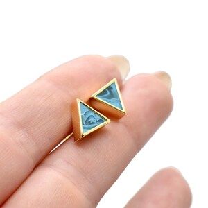 Aquamarine Earrings in Triangle Shape Marble Clay, Gold Triangle Aquamarine Stud Earring Set image 3