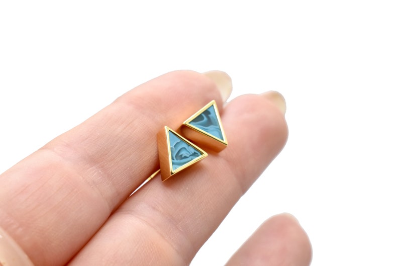 Aquamarine Earrings in Triangle Shape Marble Clay, Gold Triangle Aquamarine Stud Earring Set image 3