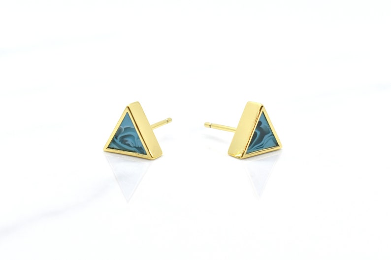 Aquamarine Earrings in Triangle Shape Marble Clay, Gold Triangle Aquamarine Stud Earring Set image 1