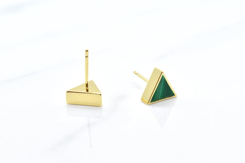 Emerald Stud Earrings Set Gold Triangles, Green Clay Triangle Earring Stud Minimal, May Birthstone Gift image 3