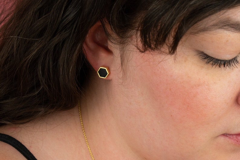 Black Hexagon Stud Earrings, Minimal Earring Stud Set Hexagon Shape, Black Minimal Geometric Studs Gold image 2