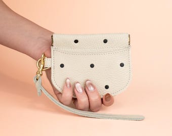 Polka Dot Leather Wallet Wristlet, Small Leather Cardholder in White with Black Polka Dots Rivets