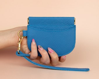 Slim Card Holder Case, Leather Wristlet Wallet in Matisse Blue Leather