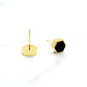 Black Hexagon Stud Earrings, Minimal Earring Stud Set Hexagon Shape, Black Minimal Geometric Studs Gold image 3