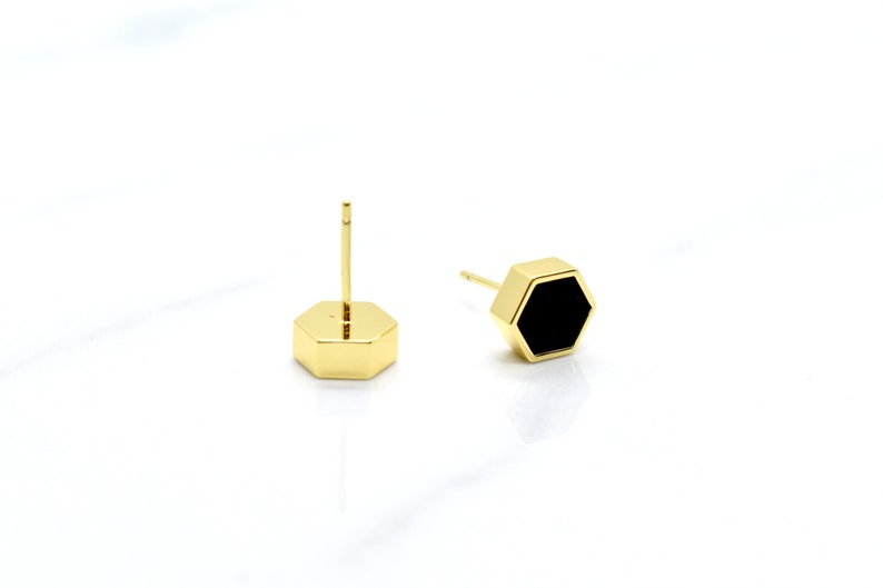 Black Hexagon Stud Earrings, Minimal Earring Stud Set Hexagon Shape, Black Minimal Geometric Studs Gold image 3