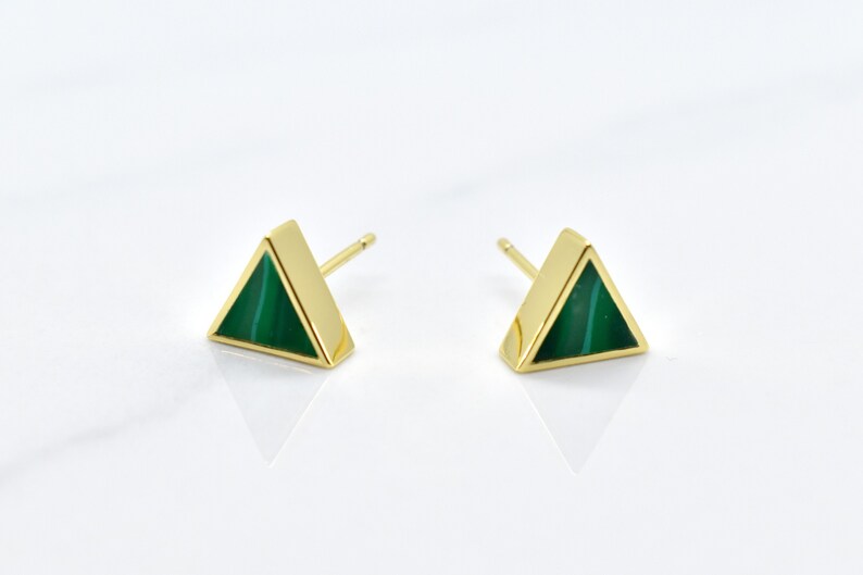 Emerald Stud Earrings Set Gold Triangles, Green Clay Triangle Earring Stud Minimal, May Birthstone Gift image 1
