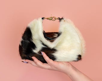 Pony Hair Leather Bag, Cowhide Crescent Purse in Light Tricolor Cow Print