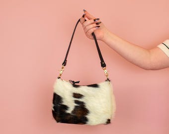 Pony Hair Handbag, Genuine Leather Cow Print Bag in Light Tricolor Cow Print