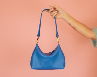 Leather Crescent Bag, Cue Mini Bag in Leather, Fun Leather Handbag in Matisse Blue