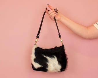 Cow Print Leather Handbag, Genuine Leather Shoulder Bag in Dark Cow Print