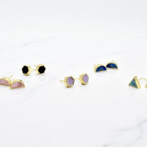 Aquamarine Earrings in Triangle Shape Marble Clay, Gold Triangle Aquamarine Stud Earring Set image 9