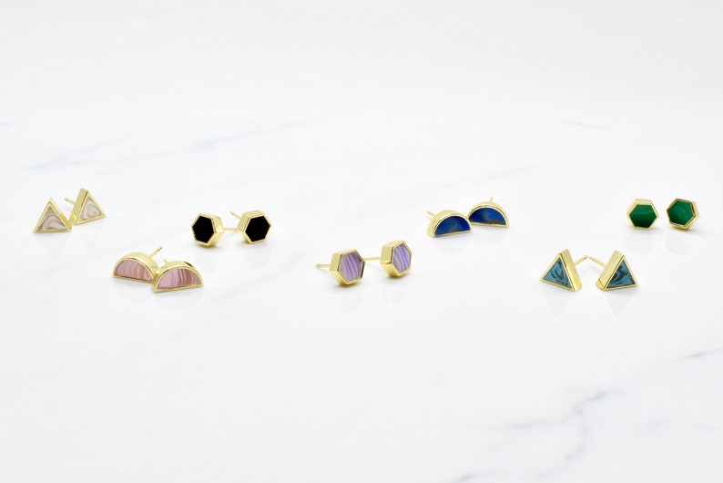 Aquamarine Earrings in Triangle Shape Marble Clay, Gold Triangle Aquamarine Stud Earring Set image 9